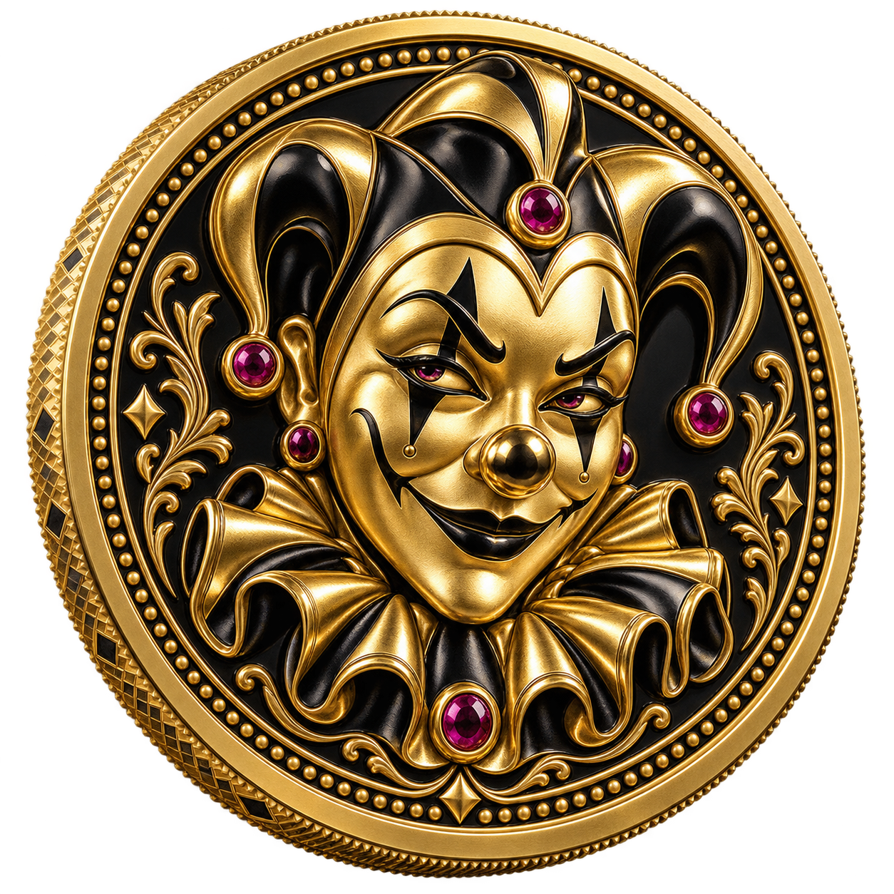 A theatrical gold clown coin emblem
